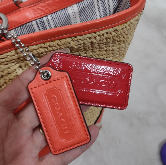 COACH Coral & Red Leather & Straw Shoulder/Tote Bag - Picture 7 of 12